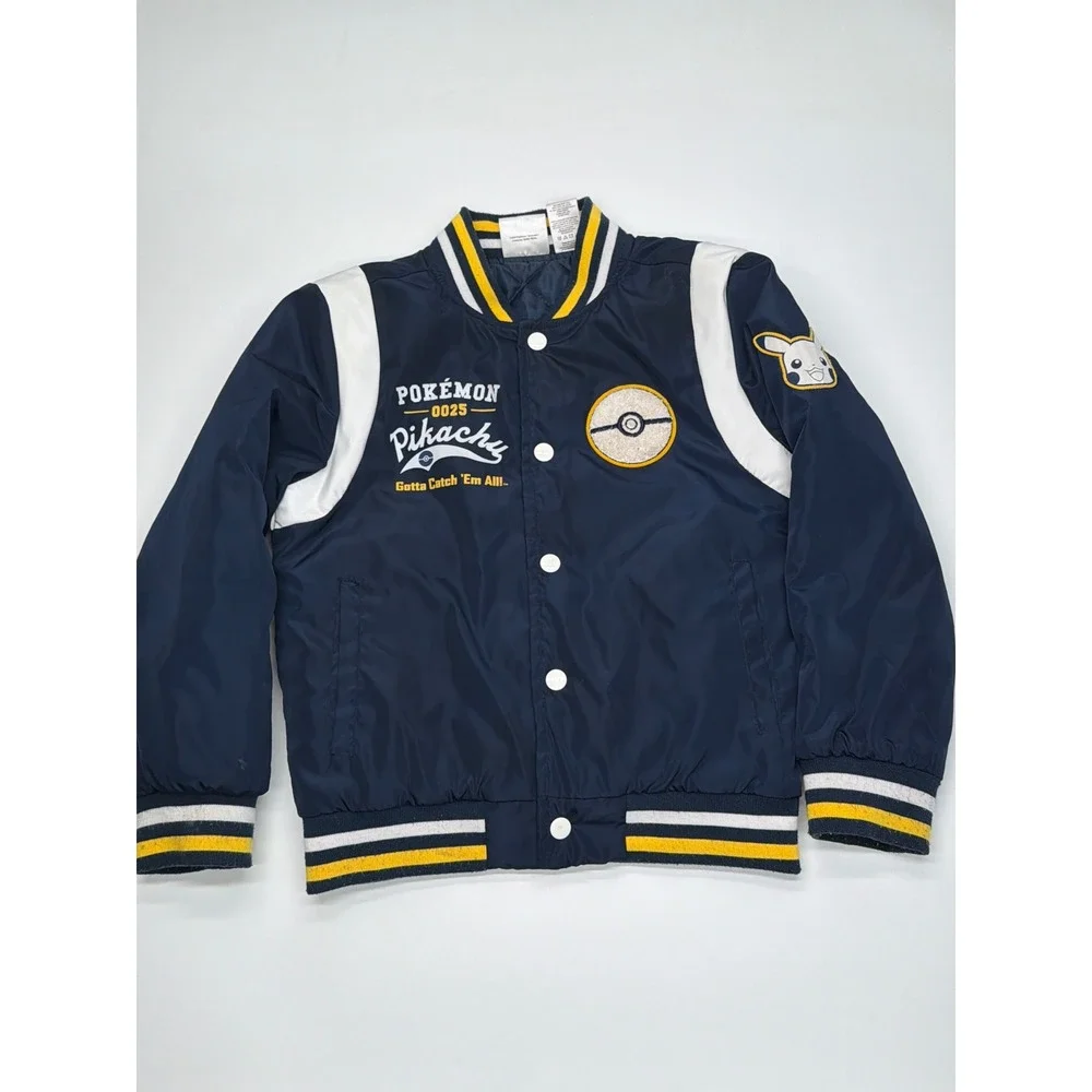 Pokemon Pikachu Kids Varsity Bomber Jacket Navy Blue Snap Front Quilted Small